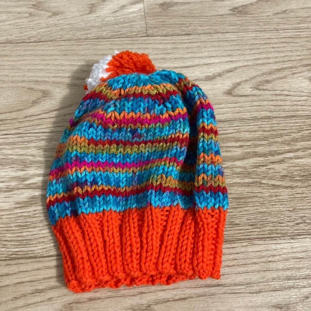 Unbranded Knit Beanie Kids OS Multicolor  Pom Pom Striped Winter Hat‎ RAINBOW